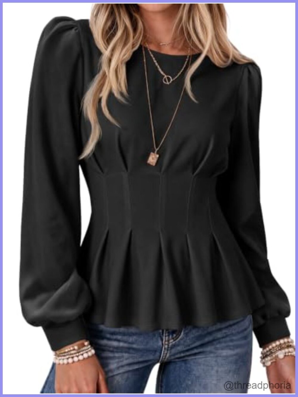 Women's Puff Sleeve Peplum Tunic Top Cinched Waist Dressy Casual Blouse
